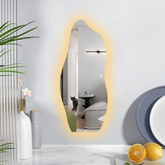 a mirror that is on the side of a wall next to a plate and vase