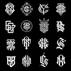 six different types of monogramic logos in white on a black background, each with the letter s