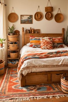 a bed sitting in a bedroom next to baskets on the wall