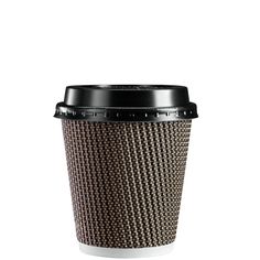 a close up of a coffee cup with a black lid on a white background,