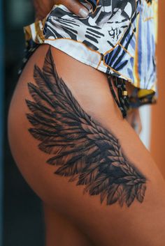 Angel Wings Tattoo Thigh, Angel Wing Leg Tattoo, Wing Tattoo For Women, Wing Tattoo Leg, Wing Leg Tattoo, Angle Wing Tattoo On Back, Angel Hip Tattoo, Wings Tattoo Leg, Wing Tattoo Women