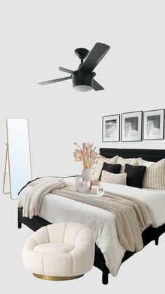 a bed room with a neatly made bed and a ceiling fan