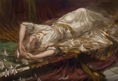 a painting of a woman laying on the ground