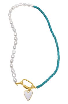 A 50/50 freshwater pearl and turquoise stone bead necklace holds a polished enameled heart, adding a colorful finish to your everyday style. 18" length, 1" pendant Carabiner clasp 14K gold plated brass, freshwater pearl, stone bead, enamel Imported Turquoise Jewelry With Pearl Chain And Round Beads, Turquoise Beaded Necklace With Pearl Charm As Gift, Turquoise Pearl Jewelry With Pearl Charm, Elegant Turquoise Pearl Jewelry With Pearl Charm, Turquoise Pearl Necklaces With Pearl Charm, Gift Turquoise Beaded Necklace With Pearl Chain, Gift Turquoise Necklaces With Pearl Chain, Turquoise Beaded Necklaces With Pearl Chain As Gift, Turquoise Pearl Necklace With Pearl Charm As Gift