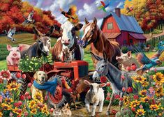 the farm animals are gathered together in this painting