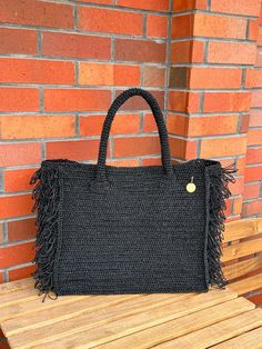 Straw Beach Shoulder Bag | Woven Raffia Tote Bag | Crochet Straw  Large Tote Bag |  Summer Bag Our Jumpsuit Bag is an iconic handmade accessory that is perfect for keeping your belongings safe and easily accessible. You can see the color scheme in the photos. You can choose your own color and customize this cloth bag. 🍃 Handmade Pouch Bag, 💥Handmade tote bag. 💥 100% natural paper rope is used. A beautiful holiday gift for your loved ones, a unique women's accessory that helps you complete you Black Handwoven Crochet Bag For Beach Season, Chic Rectangular Crochet Bag With Fringe, Black Crochet Straw Bag For Vacation, Rectangular Crochet Beach Bag With Fringe, Summer Crochet Bag With Fringe For Travel, Fringe Crochet Tote Bag For Travel, Summer Crochet Travel Bag With Fringe, Everyday Rectangular Crochet Bag With Fringe, Shoulder Bag Crochet