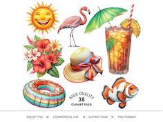 an assortment of tropical items including hats, drinks and flowers are featured in this watercolor painting