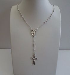 925 Sterling Silver Shiny Rosary Cross Necklace Bracelet W/ Round Shiny Beeds Rosary Cross Necklace, Silver Rosary Necklace, Silver Cross Rosary Bracelet, Sterling Silver Cross Rosary In Silver, Silver Sterling Silver Cross Rosary, Sterling Silver Cross Rosary Bracelet, Sterling Silver Spiritual Rosary Bracelet With Cross, Spiritual Sterling Silver Cross Rosary Bracelet, Nickel-free Silver Cross Rosary Bracelet