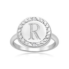 This ring makes for a great gift for anyone! Wear your initials, your kid's initials, that special someone's initials - the options are endless! Each ring features 2 sparkling diamonds adorning the letter, in J-K color, I1-I2 clarity. Total carat weight is 0.01 carats. The ring top measures 12x12mm and the band is 2mm thick. Entire ring is in sterling silver. - Lifetime Guarantee - 60 Day Worry-Free Return - "R" Initial Diamond Ring in Sterling Silver, J/K by SuperJeweler R Initial, Pinkie Ring, Right Hand Rings, Pinky Ring, Sparkle Diamonds, Diamond Clarity, White Metal, Diamond Shapes, Diamond Rings