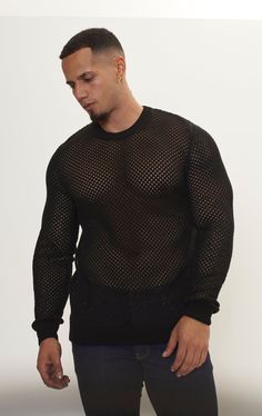 See Through Fishnet Muscle Fit Shirt - Black - Ron Tomson Fishnet Fabric, Club Scene, Pride Outfit, Knitwear Fashion, Bold Fashion, Fashion Statement, Workout Shirts, Black Shirt, Knitwear