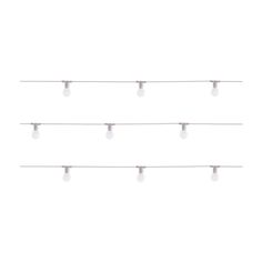 several white lights are hanging on a wire against a white background with space for text