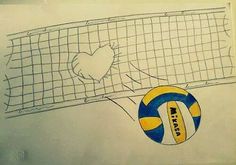 a drawing of a volleyball ball and net with an i love you sticker on it