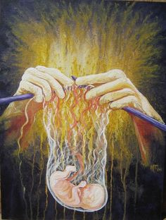 a painting of two hands holding something with fire coming out of it