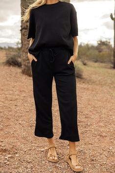 Black Textured Pants - Sets for Women | ROOLEE Casual Black Summer Outfits, Versatile Wide Leg Pull-on Pants For Loungewear, Spring High-waisted Wide Leg Pants With Ribbed Waistband, Versatile Wide Leg Pull-on Lounge Pants, Versatile Pull-on Wide Leg Pants For Loungewear, Chic Wide Leg Loungewear Pants With Pull-on Style, Chic Pull-on Style Wide Leg Pants For Loungewear, Spring Wide Leg Pants With Ribbed Waistband, Wide Leg Lounging Pants With Pull-on Style