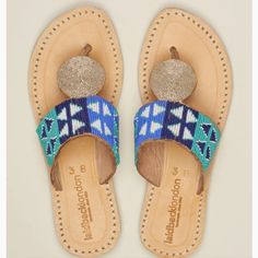 New In Box, Anthropologie, Laidback London Blue/Turquoise Heron Thong Sandals. Artfully Crafted Beadwork. Leather Upper, Insole. Eva Sole. Crafted With Traditional Techniques By Artisans In Africa! Eu 40 - Us 9 Blue Beaded Sandals For Vacation, Blue Beaded Open Toe Sandals, Bohemian Blue Sandals For Summer, Blue Beaded Adjustable Sandals, Blue Bohemian Sandals For Vacation, Bohemian Blue Sandals For Vacation, Blue Beaded Sandals For Beach, Traditional Blue Open Toe Sandals, Handmade Blue Sandals For Summer