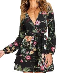 Long Sleeve V Neck Dress, Floral Mini Cocktail Party Wedding Guest Dress With Belt In Dark Black Green Floral. Ruffle Long Sleeve Dress Uses The A-Line Version, Which Can Show Your Curves And Hide Your Tummy Pretty Well. In Addition, We Have Matched The Dress With Hook And Eye Front Closure. Size Medium Brand New With Tags Long Sleeve V Neck Dress, Long Sleeve Babydoll Dress, Ruffle Long Sleeve Dress, Cocktail Party Wedding, Mini Party Dress, Blue Long Sleeve Dress, Burnt Orange Dress, Cheetah Print Dress, Georgette Dress