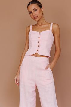 Shop the Play It Cool Wide Leg Pants Pink | Selfie Leslie Pink Dress Shoes, Tan Mules, Cool Pants, Brunch Dress, Cool Buttons, Colored Pants, Clothing Tags, Iron Material, Button Up Top