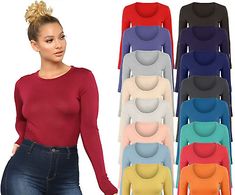 Women Long Sleeve Plain Ladies Stretch Round Scoop Neck T Shirt Top