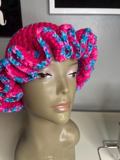 Hot pink and blue crochet ruffle hat  Made with acrylic yarn  Circumference- 20 inches (it stretches) Whimsical Pink Crochet Hat With Adjustable Fit, Whimsical Pink Adjustable Crochet Hat, Whimsical Adjustable Pink Crochet Hat, Pink Acrylic Beanie Hat, Pink Whimsical Crochet Hat, Pink Knitted Acrylic Hat, Whimsical Pink Crochet Hat, Whimsical Pink Hand-knitted Crochet Hat, Pink Spring Hat With Ruffles