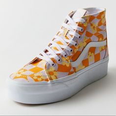 Platform Sk8-Hi, New In Box W 7.5/M 6 Trippy Floral Vans, Cute Orange Shoes, Retro Pink Sneakers For Summer, Vans Platform Sneakers For Summer, Black Slip On Vans, Vans Platform, Vans Orange, Hi Top Vans, All Black Vans