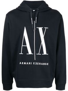 Navy blue/white cotton logo-print long-sleeve hoodie from ARMANI EXCHANGE featuring jersey fleece, logo print to the front, drawstring hood, long sleeves and straight hem. | Armani Exchange Logo-Print Long-Sleeve Hoodie Activewear Print, Logo Azul, Armani Exchange Men, Drawstring Hoodie, Print Pullover, White Hoodie, Armani Exchange, Grey Hoodie, White Sweatshirt