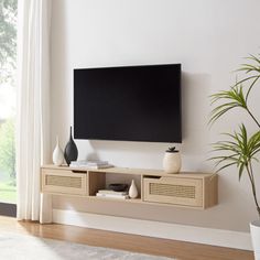 a living room with a large flat screen tv mounted on the wall next to a potted plant