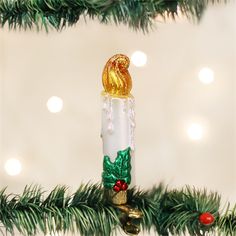 an ornament hanging from a christmas tree