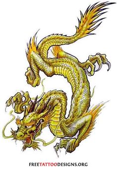 a drawing of a yellow dragon on a white background with the caption free tattoo designs