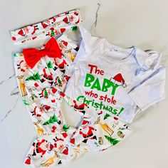 3-piece Christmas set for baby girl. Great gift idea for the baby's first Christmas. Festive Family Matching Sets For Holidays, Family Matching Sets For Festive Holiday Season, White Family Matching Sets For Holidays, Playful White Sets For Festive Occasions, Playful White Christmas Sets, Green Christmas Holiday Sets, Cute White Sets For Festive Occasions, Playful White Holiday Sets, Holiday White Cotton Sets