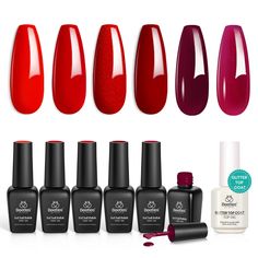 PRICES MAY VARY. Items Included: 6 trendiest colors of red and 1 glitter top coat. The gel nail set comes with shimmer red and burgundy red gel nail polish for DIY at home. Perfect for girlfriends and women as a gift. Healthy: The 6pcs blood red gel nail polish are made from 10 Toxin-Free Ingredients, making it safe and low-odor. Perfect for all daily working or dating occasions, such as birthdays, holidays, anniversaries. Easy Application and Good Tenacity: This series of red gel nail polish se Burgundy Gel Polish, Red Gel Nail Polish, Gel Nail Set, Red Gel Nails, Glitter Top, Nail Polish Set, Gel Nail Polish Set, Nail Polish Sets, Toxin Free