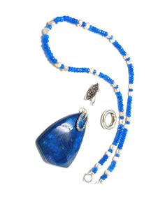 Interchangeable Blue Agate and Pearl 18 3/4" Necklace with Removable Large Extraordinary Blue Agate Enhancer Pendant 2 7/8"H X 1 5/8"W. Total Combined length is Approximately 22 1/4". ONE ONLY Luxury Blue Amulet Style Beaded Necklace, Luxury Blue Agate Beaded Necklaces, 4 Necklace, Blue Agate, One And Only, Pearl Necklace, Agate, Sparkle, Pendant