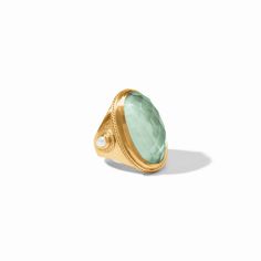 Radiant statement gemstone with pear shape mother of pearl accents and twisted wire detail. Julie Vos Jewelry, Crystal Ship, Julie Vos, Gold Statement Ring, Twisted Wire, Pacific Blue, Aquamarine Blue, Elegant Ring, Pear Shape