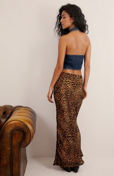 Chic leopard spots embolden this day-to-night maxi skirt crafted from glossy satin. 40" length (size 8) Back zip closure 100% polyester Machine wash, dry flat Imported Leopard Maxi Skirt, Leopard Maxi Skirts, Printed Skirt Outfit, Can't Be Tamed, Denim Waistcoat, Swimsuit Skirt, Leopard Print Fashion, Country Concert Outfit, Leopard Spots