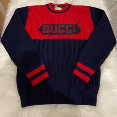 Brand New Gucci Big Kids Wool Sweatshirt 100% Wool Tag Is Attached Gucci Blue Casual Sweater, Gucci Casual Blue Sweater, Casual Blue Gucci Sweater, Blue Gucci Tops For Fall, Gucci Long Sleeve Tops With Embroidered Logo, Gucci Blue Long Sleeve Sweater, Designer Winter Tops With Logo Print, Designer Logo Print Tops For Winter, Designer Tops With Logo Print For Winter