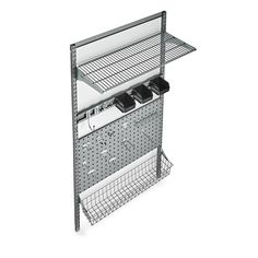 a metal shelf with two bins on top of it and an overhead basket underneath the shelf