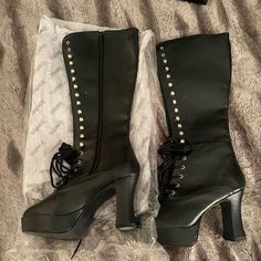 These Have Been Sitting In My Closet Forever. I Never Had Occasion To Wear Them. No Wear, No Flaws. Size 10. They Lace Up But Also Have Full Zip Down The Inside. Calf High Shoes Brand, Platform Boots, Shoe Brands, Size 10, Lace Up, Women Shoes, Brand New, Boots, Lace