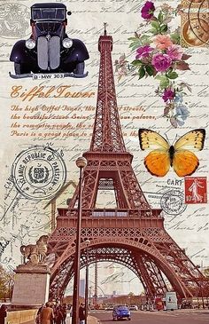 the eiffel tower is surrounded by postcards and stamps with butterflies on it