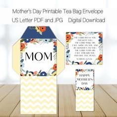 the mother's day printable tea bag envelope is shown with its matching tags