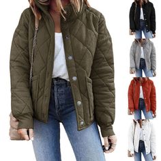 Trendy Fashion Womens Quilted Coat Ladies Button Down Pockets Lightweight Long Sleeve Jackets, Womens jacket Autumn Quilt, Womens Quilted Jacket, Quilt Jacket, Jacket Long, Solid Clothes, Down Coat, Jacket Buttons, Outerwear Coats, Light Jacket