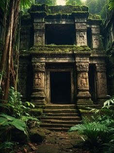 an ancient building in the jungle with trees around it