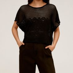 New W/ Tags. Mango Openwork Knit T-Shirt. Color: Black. Size: M. Color: Black. 95% Polyester,5% Elastane. Cropped Design. Straight Design. Openwork Design. Rounded Neck. Short Sleeve. Casual Pointelle Knit T-shirt For Summer, Crew Neck Pointelle Knit Top For Layering, Black T-shirt For Spring Layering, Black T-shirt For Layering In Spring, Trendy Crew Neck Mesh Top For Layering, Summer Pointelle Knit T-shirt With Crew Neck, Trendy Black Crew Neck Mesh Top, Black Textured Knit Top For Layering, Casual Pointelle Knit Top For Layering