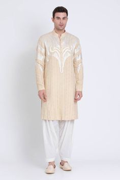 Beige kurta featuring silk resham embroidery in geometric pattern. Comes with a pant. - Aza Fashions Beige Kurta, Mithila Palkar, Resham Embroidery, Dia Mirza, Diana Penty, Eid Party, Madhuri Dixit, Luxury Sale, Kurta With Pants