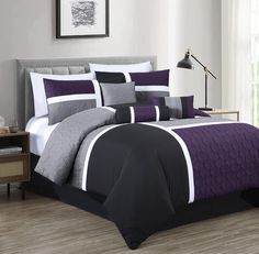 PRICES MAY VARY. 100% Microfiber Polyester Upland 7-Piece Comforter Set Includes: 1 Comforter, 2 Shams, 1 Bedskirt, 1 Cushion, 1 Neck Roll, 1 Breakfast Pillow King Size Measurements: Comforter 104" x 92", Shams 20" x 36", Bedskirt 78" x 80" +14" drop, Square Cushion 18" x 18", Neck Roll 7" x 18", Breakfast Pillow 12" x 18" A luxurious pin-sonic pressed medallion design quilted in a patchwork pattern with each fabric pieced together. The perfect unison of three tone colors to draw out the exhilar Couples Room Ideas Bedrooms, Purple And Grey Bedroom Ideas, Purple And Gray Bedroom Ideas, Breakfast Pillow, Couples Room, Purple Bedding Sets, Quilted Patchwork, Bed Comforter Sets, Decorative Ideas