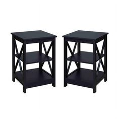 two black end tables with shelves on each side