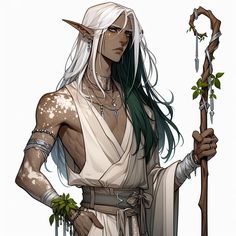 a woman with long white hair holding a stick and wearing an elf's outfit