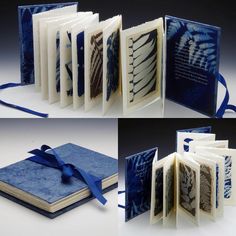 four different views of an open book with blue ribbon on the front and back cover