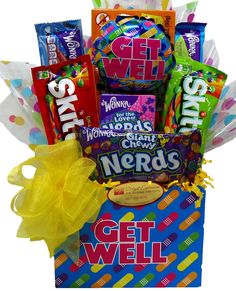 Get Well Soon Gift Box (Small) Bubble Gum Cigars, Get Well Soon Basket, Get Well Balloons, Get Well Baskets, Candy And Chocolate, Candy Gift Baskets, Best Gift Baskets, Candy Buttons, Gourmet Candy