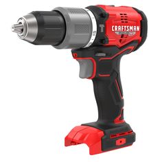 a cordless drill is shown on a white background with red trimming and black accents