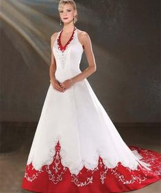 a woman in a white and red wedding dress