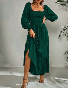 Green Square Neck Pleated High Waist Maxi Dress Solid Long Sleeve Maxi Dress For Brunch, Long Sleeve Solid Maxi Dress For Brunch, Long Sleeve Maxi Dress For Brunch, Solid Color Maxi Dress For Fall Brunch, Solid Maxi Dress For Fall Brunch, Casual Green Maxi Dress With Square Neck, Casual Long Sleeve Maxi Dress For Brunch, High Waist Maxi Dress, Green Square